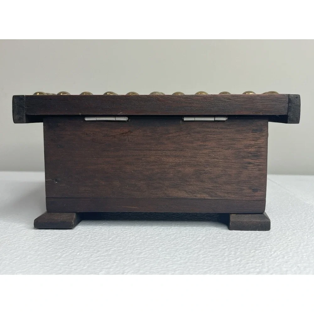 Vtg Handmade Wooden Trinket Box With Hammered‎ Brass Tacks
